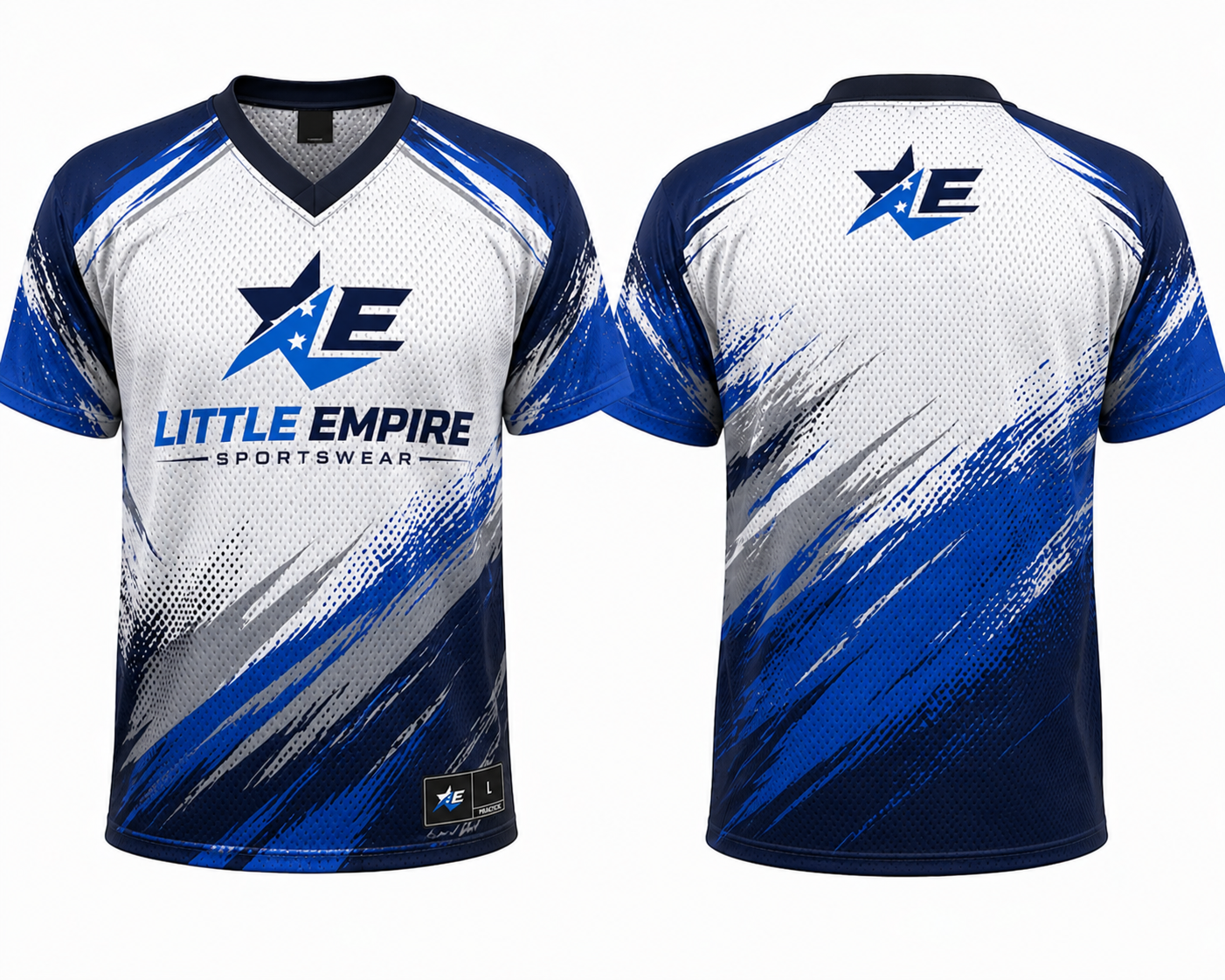 Practice football jersey white blue camouflage sleeves front and back view custom training sportswear