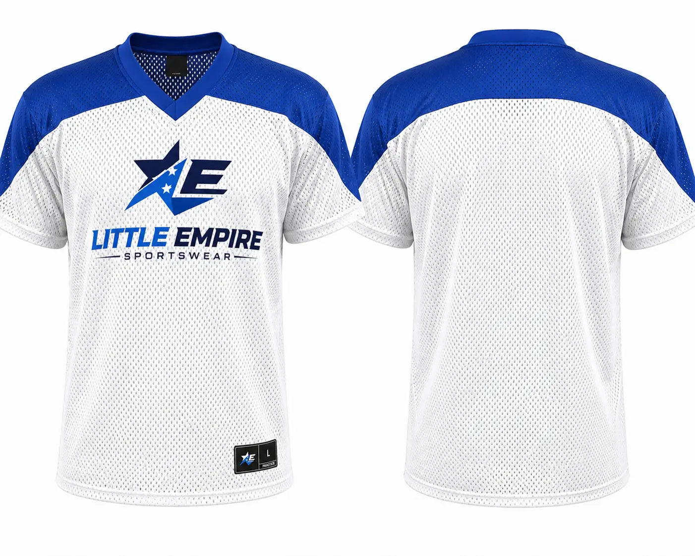 Practice football jersey white blue camouflage sleeves front and back view custom training sportswear