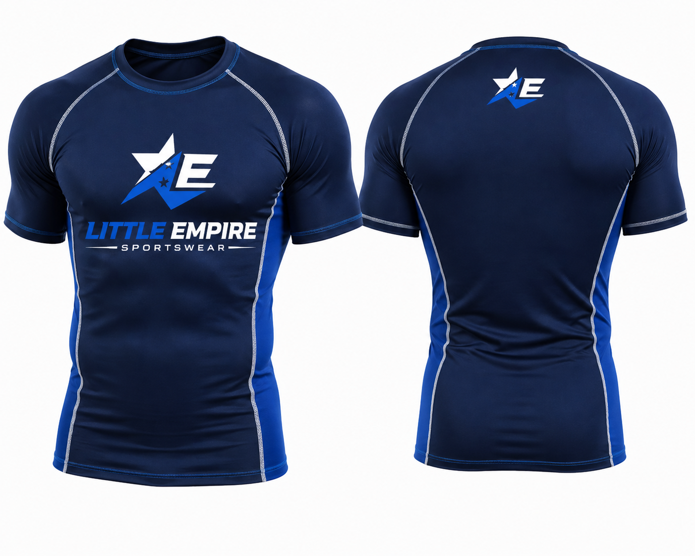 Custom compression shirt white blue camouflage sleeves front and back view performance sportswear
