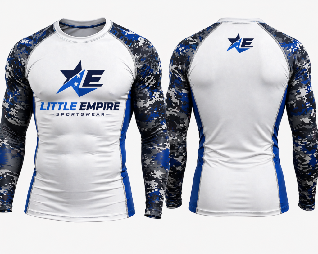 Custom compression shirt white blue camouflage sleeves front and back view performance sportswear