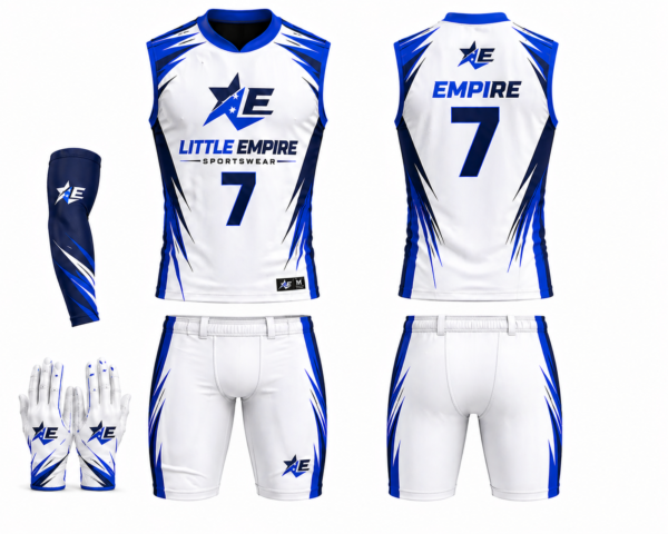 Custom 7v7 football uniform white and blue sublimation jersey shorts set with gloves and sleeve by Little Empire Sportswear front and back view