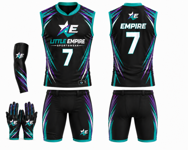 Custom 7v7 football uniform white and blue sublimation jersey shorts set with gloves and sleeve by Little Empire Sportswear front and back view