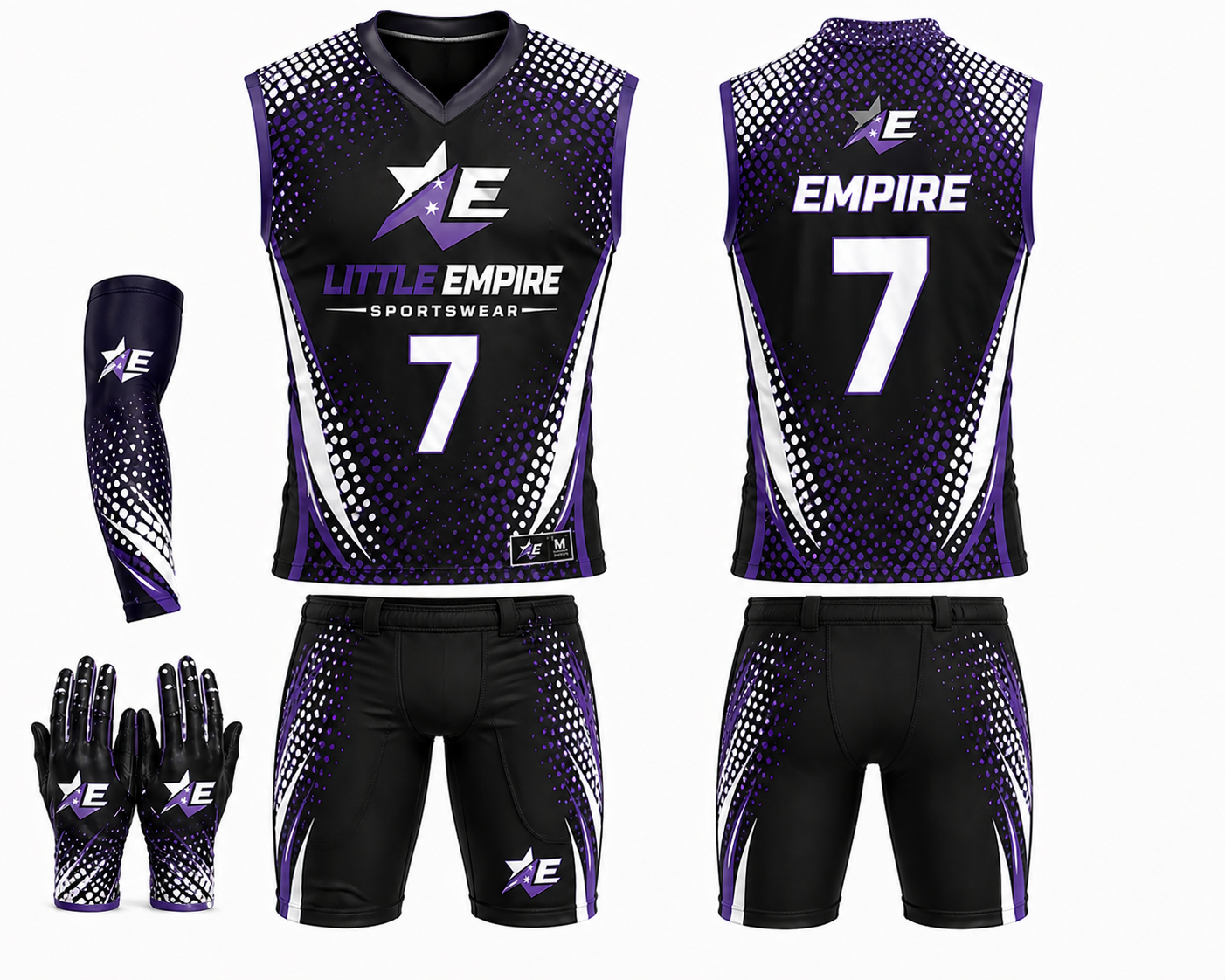 Custom 7v7 football uniform white and blue sublimation jersey shorts set with gloves and sleeve by Little Empire Sportswear front and back view