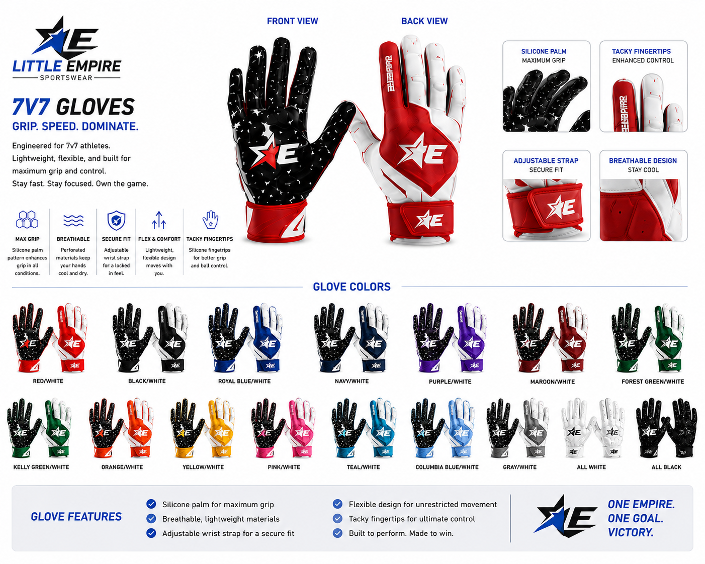 Custom 7v7 football gloves with silicone grip palm and team customization by Little Empire Sportswear