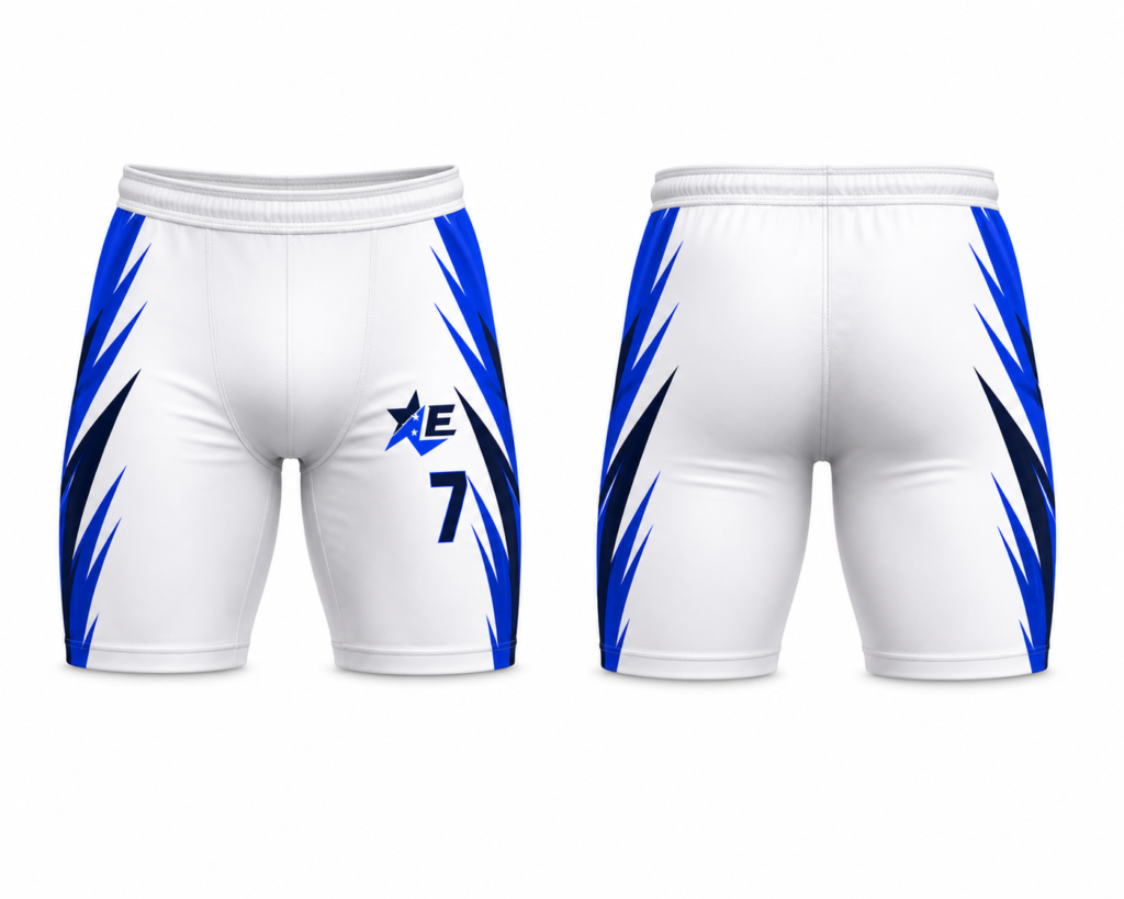 7v7 football shorts white blue sublimation front and back view custom sports training shorts