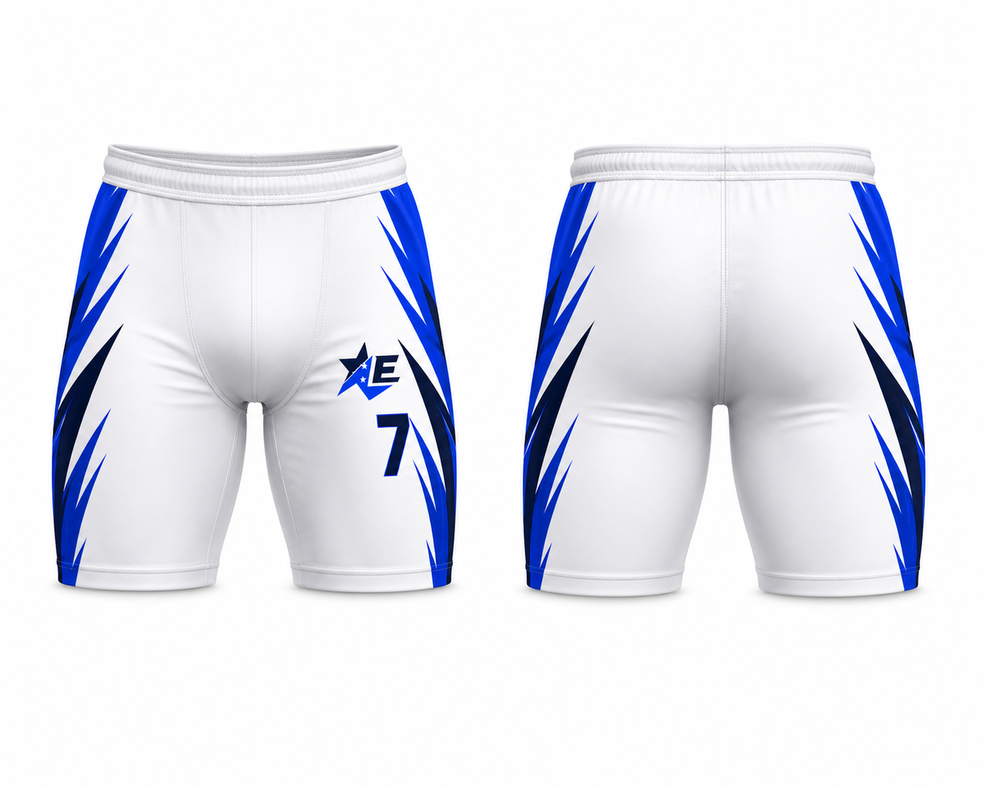 7v7 football shorts white blue sublimation front and back view custom sports training shorts
