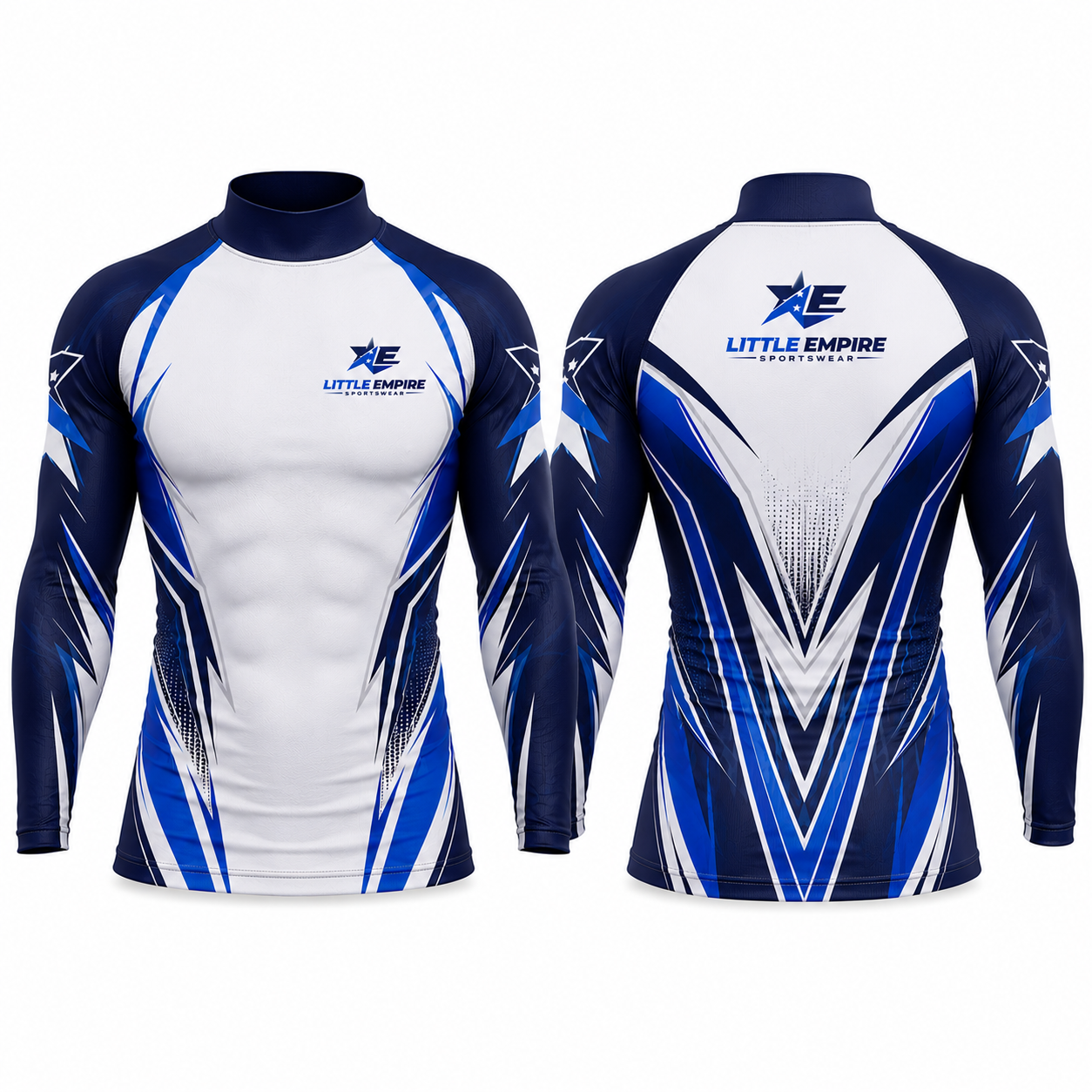 Full sleeve mock neck compression shirt front and back view custom sportswear