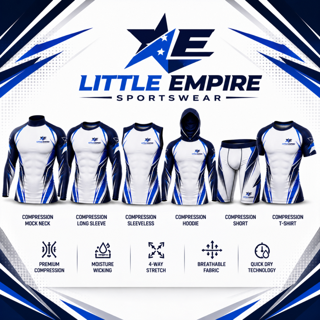 Compression wear collection banner with custom sportswear products by Little Empire Sportswear