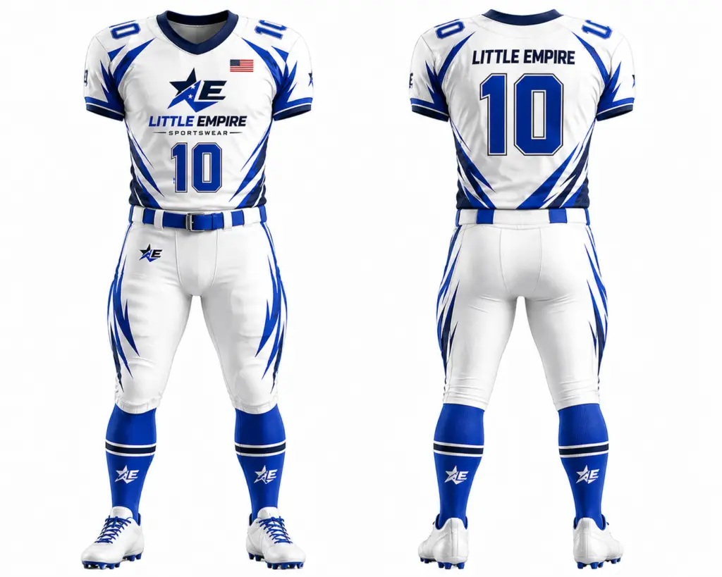American football uniform white blue camouflage sleeves front and back view custom sublimation sportswear