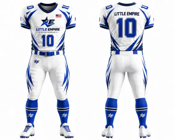 American football uniform white blue camouflage sleeves front and back view custom sublimation sportswear