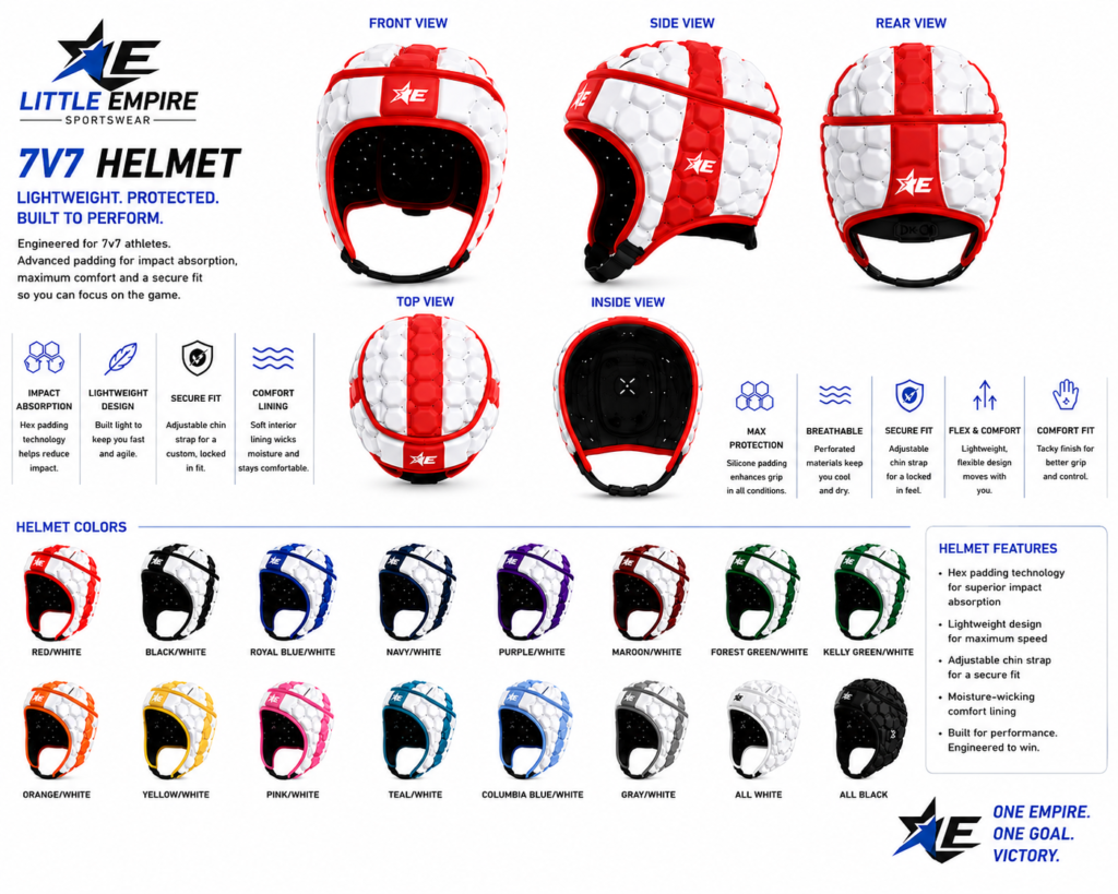 Custom 7v7 football helmet with lightweight soft shell impact protection by Little Empire Sportswear